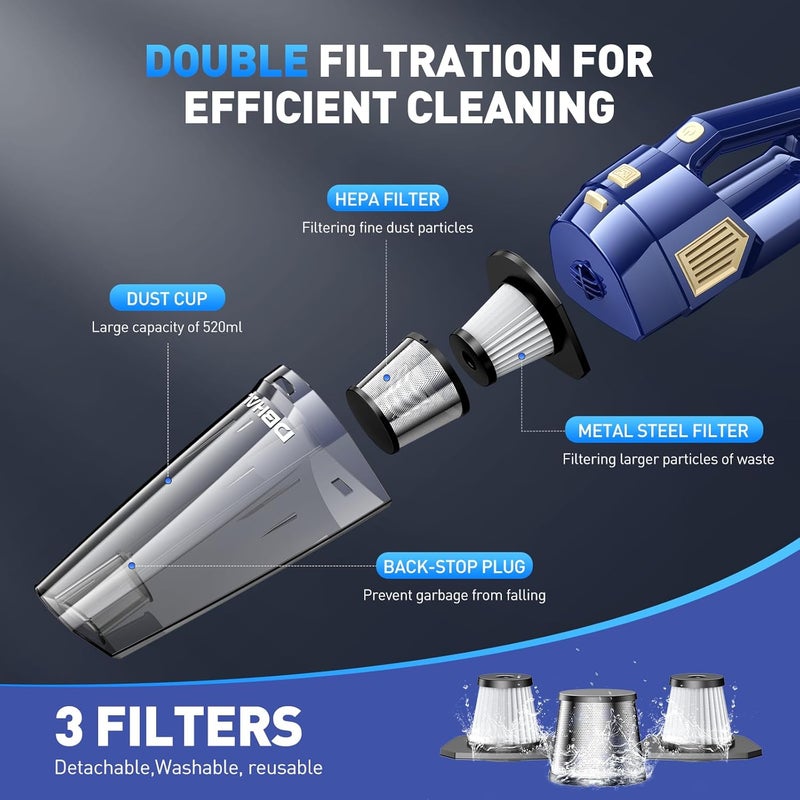 DBHAL Handheld Vacuum Cordless, 15000PA Powerful Suction Car Vacuum Cleaner Lightweight with Multi Accessories, Hand held Vacuum Cleaner Dust Busters Cordless Rechargeable for Car Home - Image 5